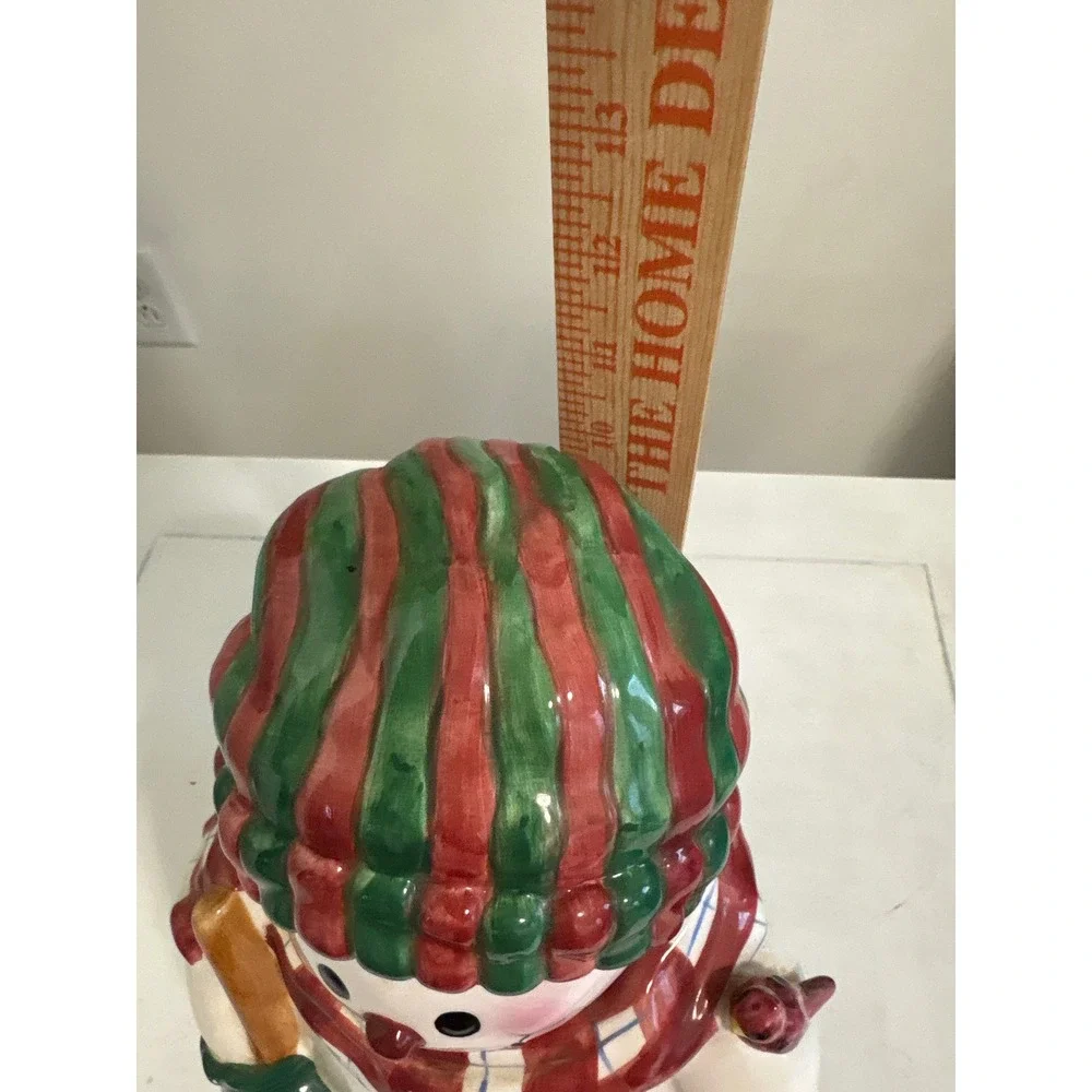 Holly Tree Snowman Cookie Jar Christmas Ceramic Holiday Canister Red Green 11in